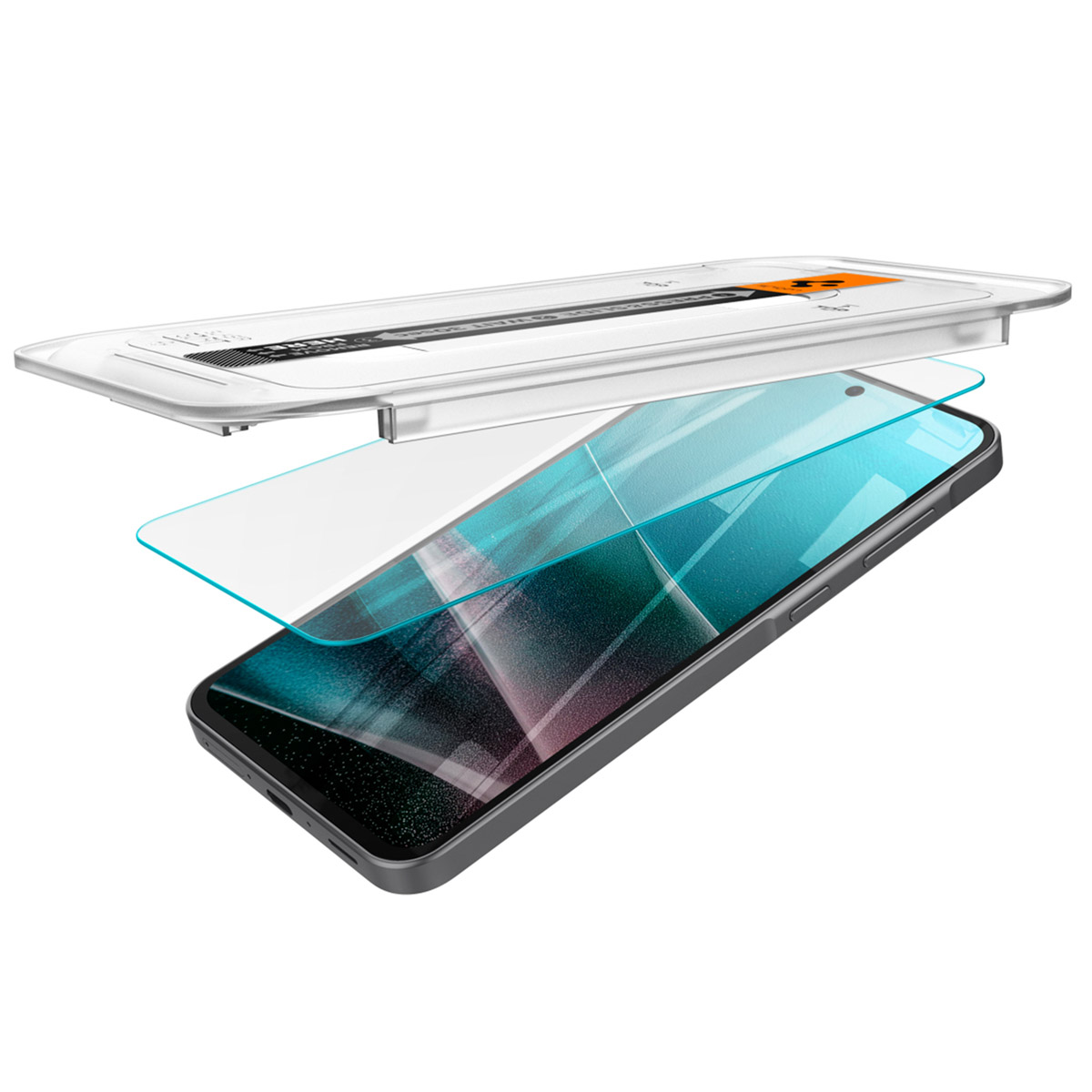 Smartphone met schermbeschermer. Beschermer staat boven de telefoon, en een andere zit op het scherm.