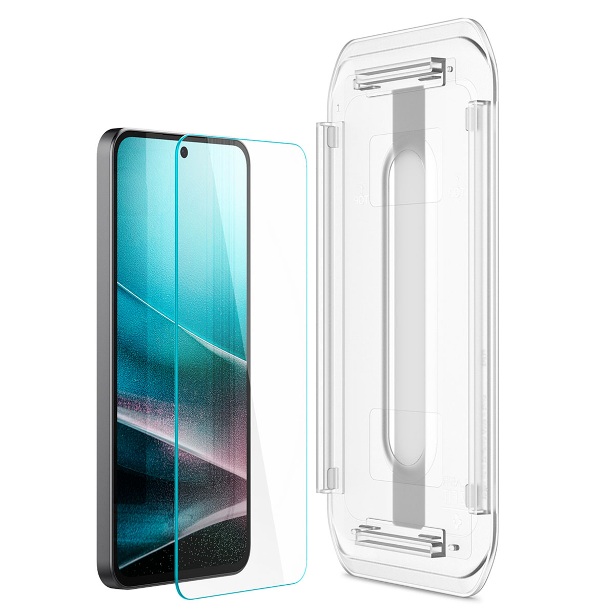 Een telefoon met een schermbeschermer die wordt aangebracht met een helder plastic frame.