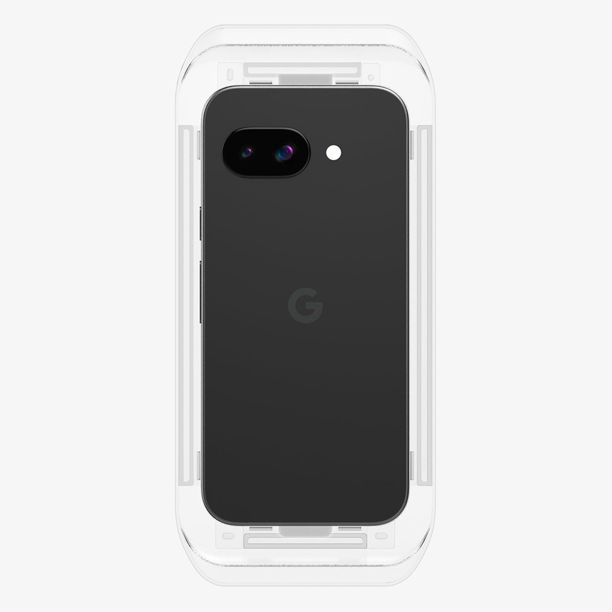 Czarny smartfon w przezroczystym etui ochronnym. Telefon ma aparat i logo Google.