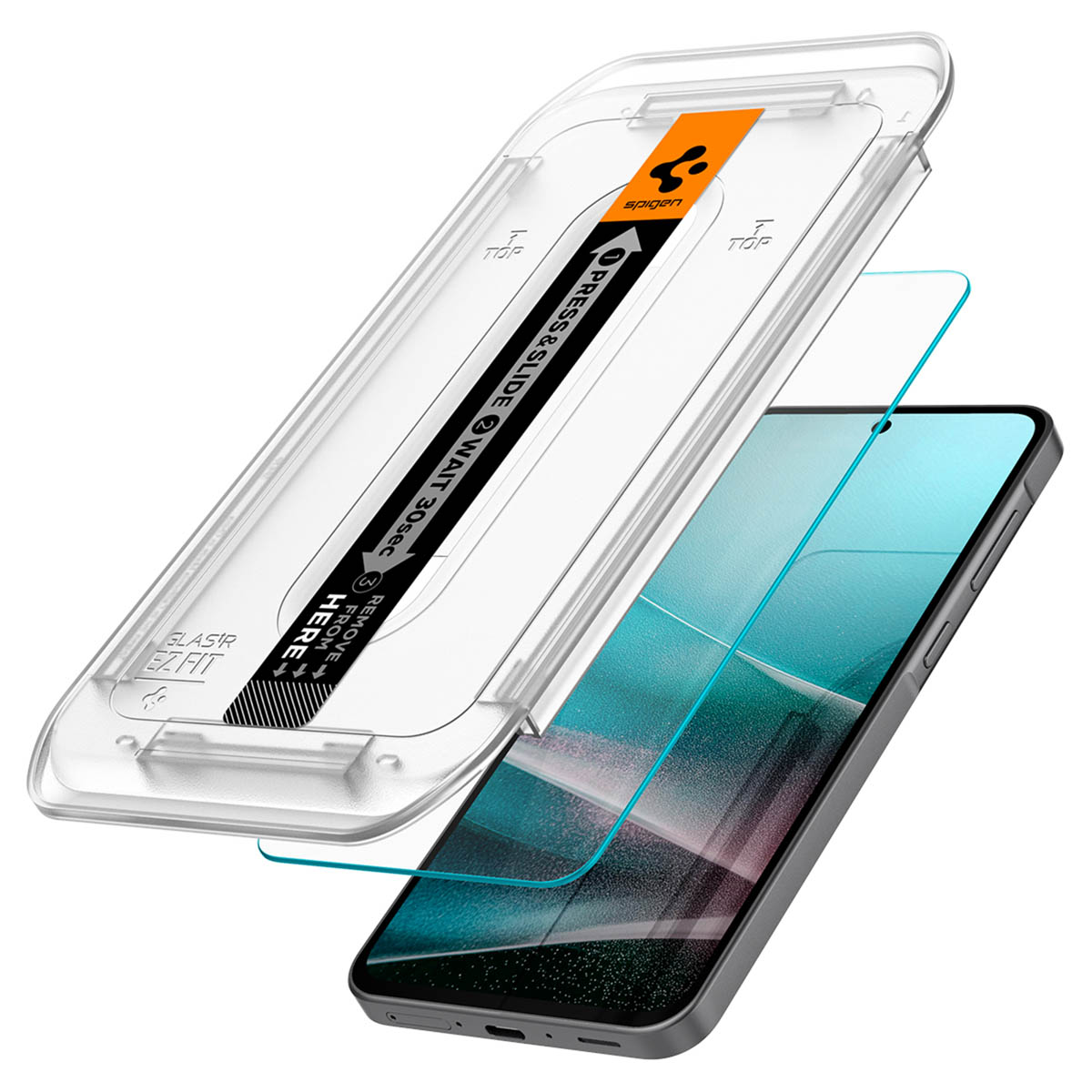 Telefoon met schermbeschermer kit. Transparant plastic frame, oranje accent, telefoon in zwarte hoes.