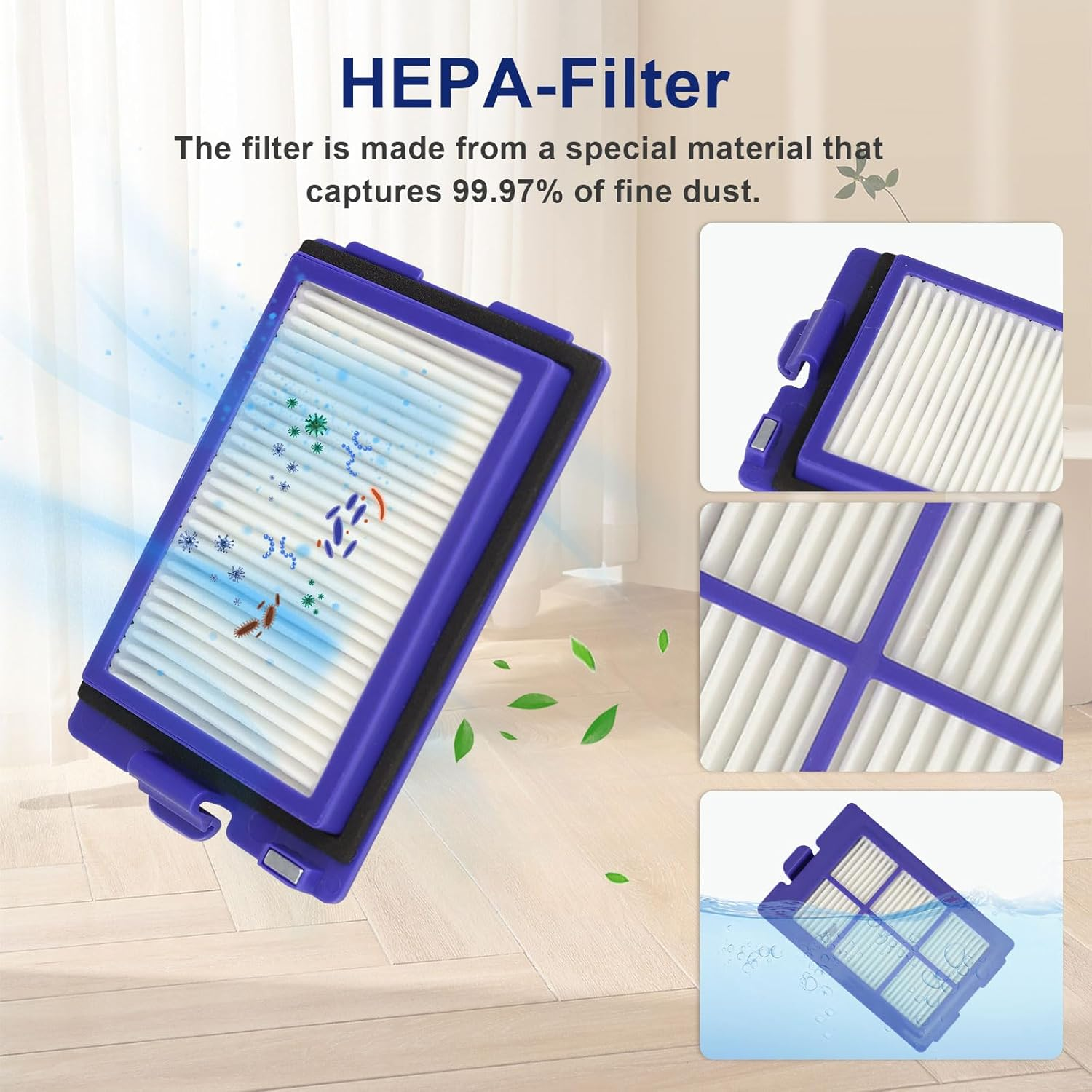 HEPA-Filter mit blauem Rahmen, der die Luftreinigung darstellt, und ein Diagramm des Filters.
