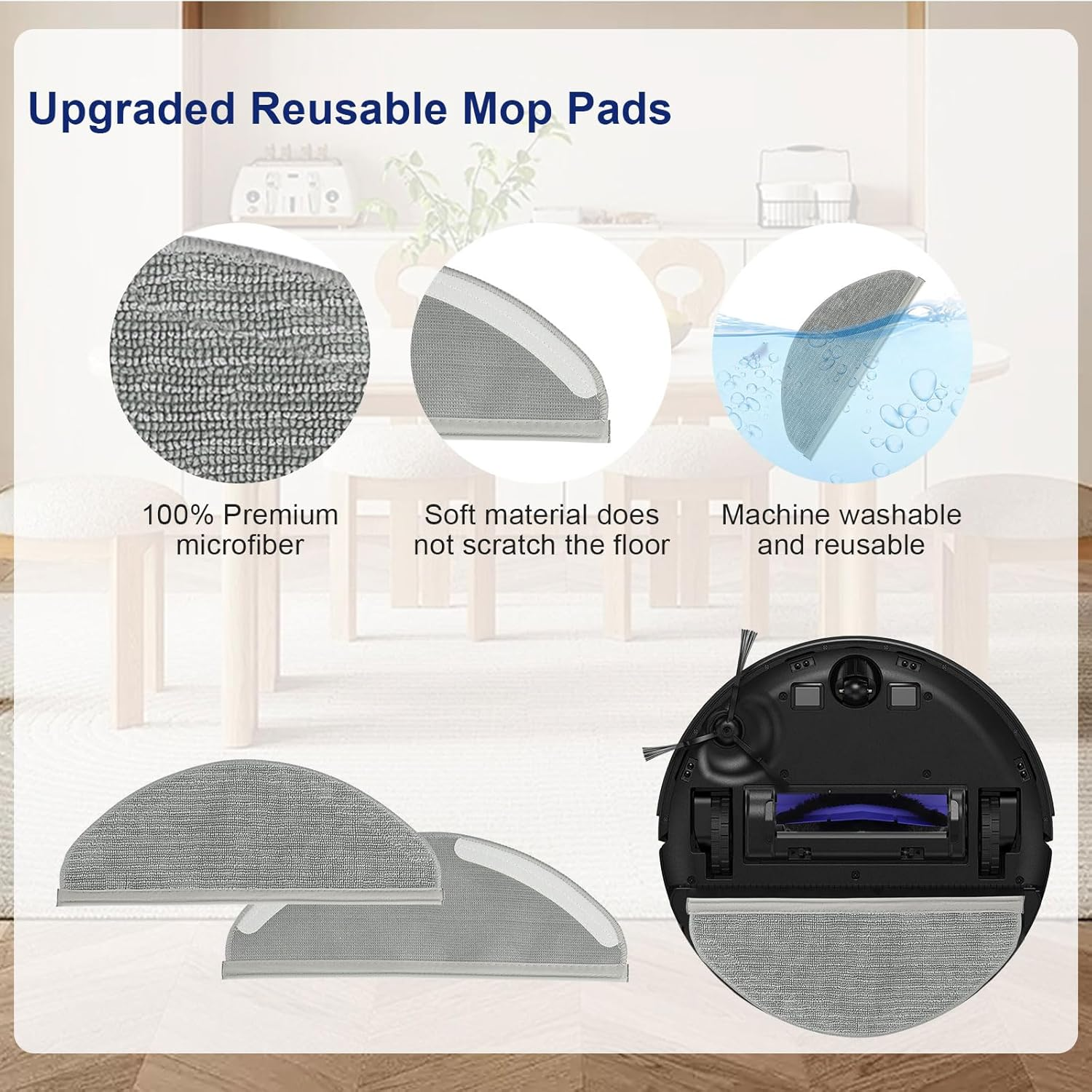 Graue Mopppads, Nahaufnahmen und ein Roboter-Staubsauger mit Text: 100 % Mikrofaser, weich, maschinenwaschbar.