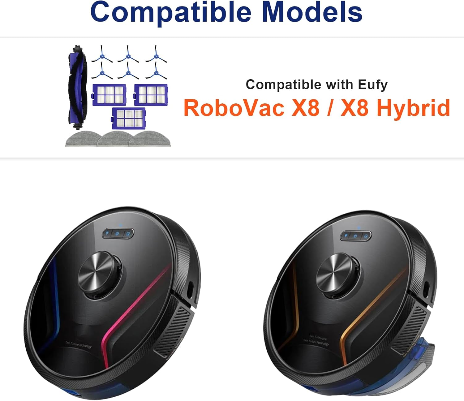 RoboVac X8/X8 Hybrid Roboter-Staubsauger. Zwei Staubsauger, unterschiedliche Farbakzente, mit Zubehör.
