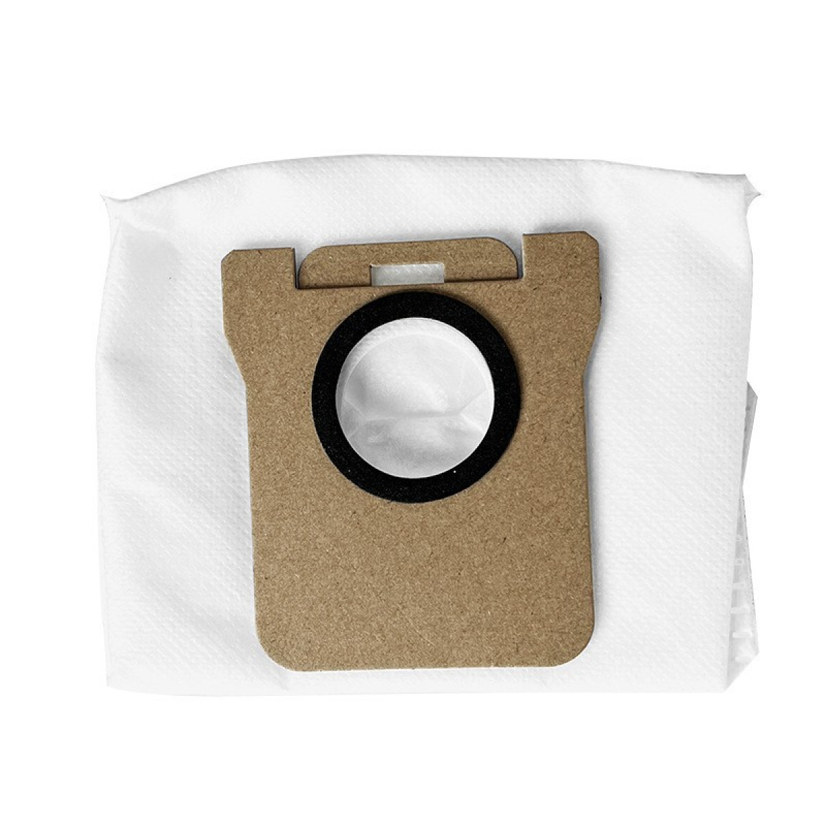 Filtro rettangolare marrone con un cerchio nero al centro, su sfondo bianco.
