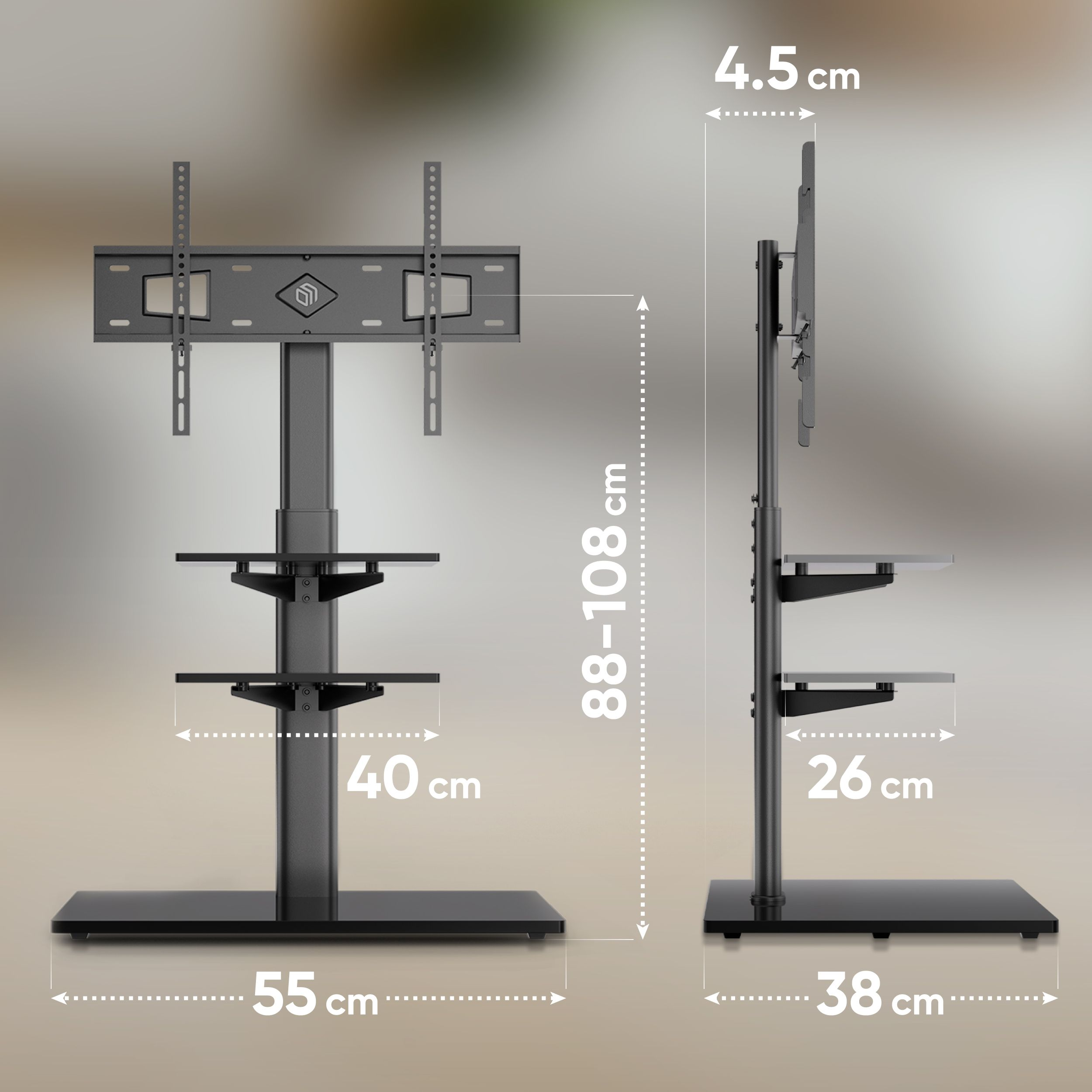 Supporto TV con misure: 88-108 cm altezza, 55 cm larghezza, 40 cm larghezza ripiano.