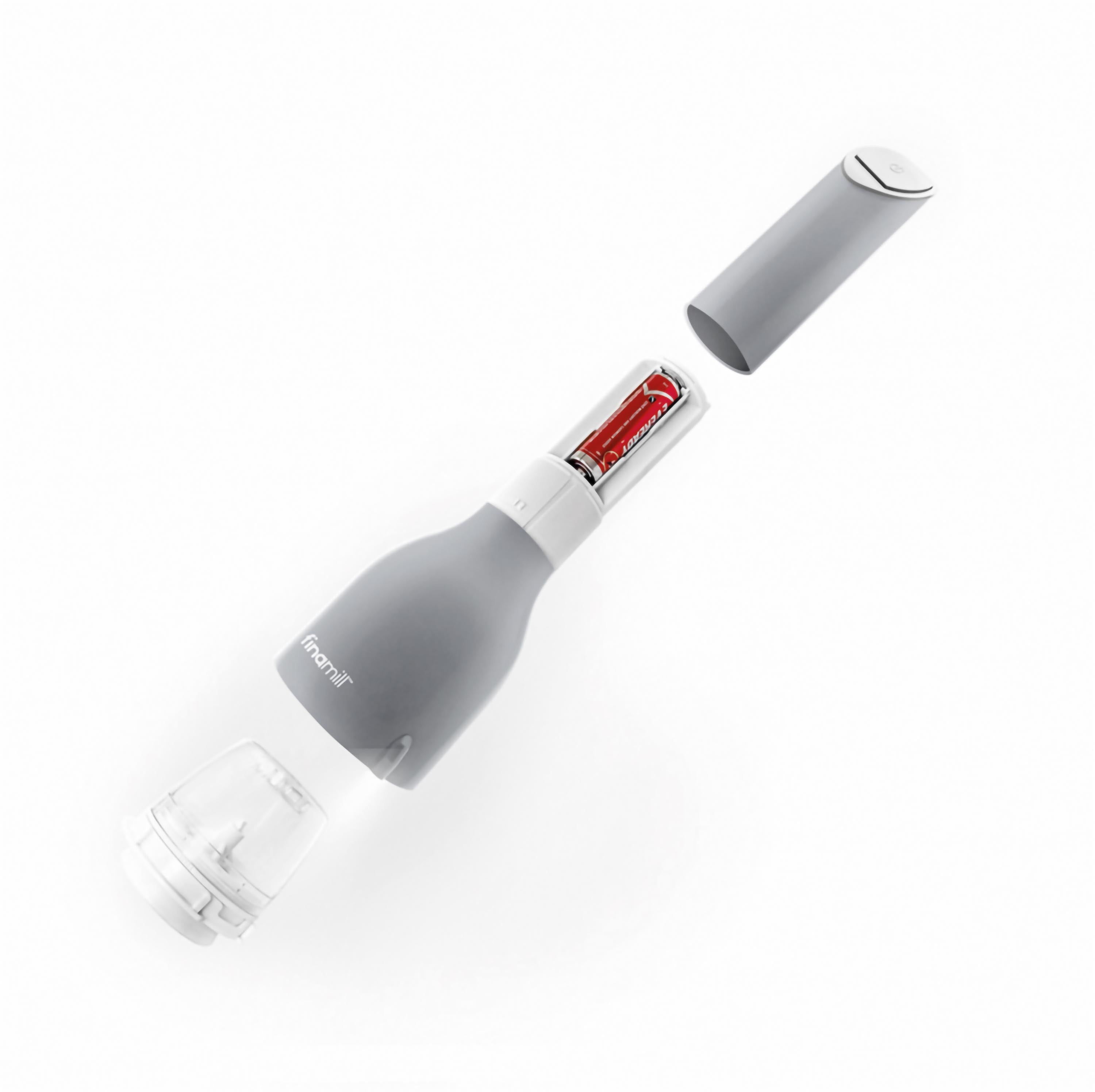 Ein graues Gerät mit roter Batterie ist auf weißem Hintergrund zerlegt.