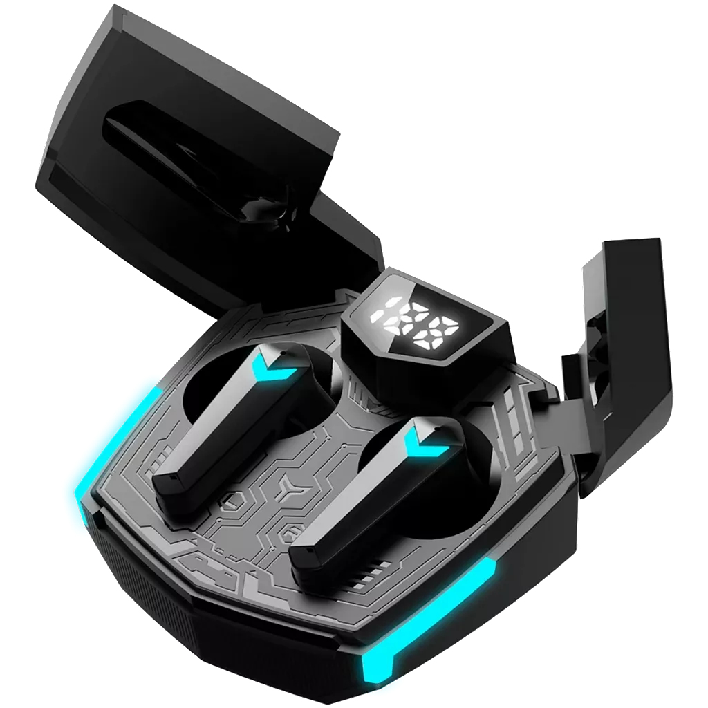 Black earbuds in a charging case with blue accents and a digital display.