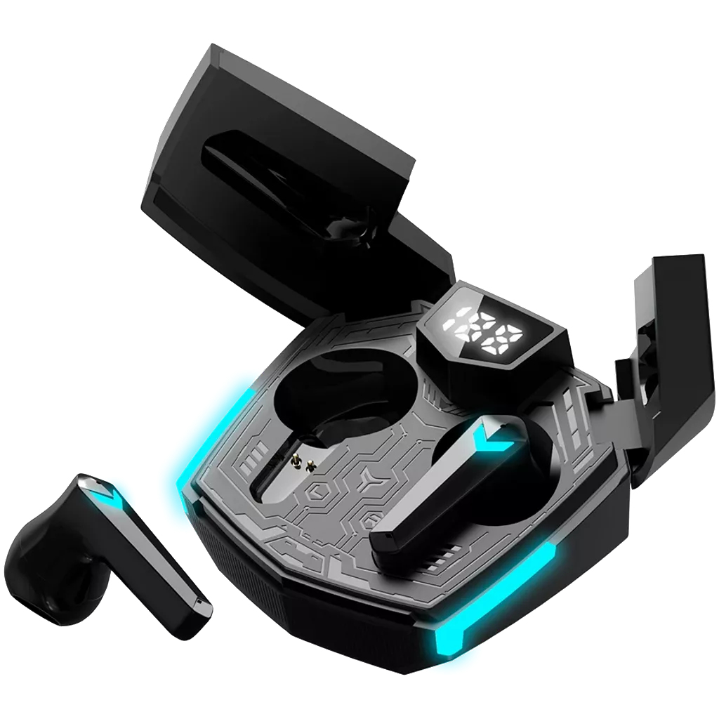 Wireless earbuds in a charging case, with blue lights and open case.