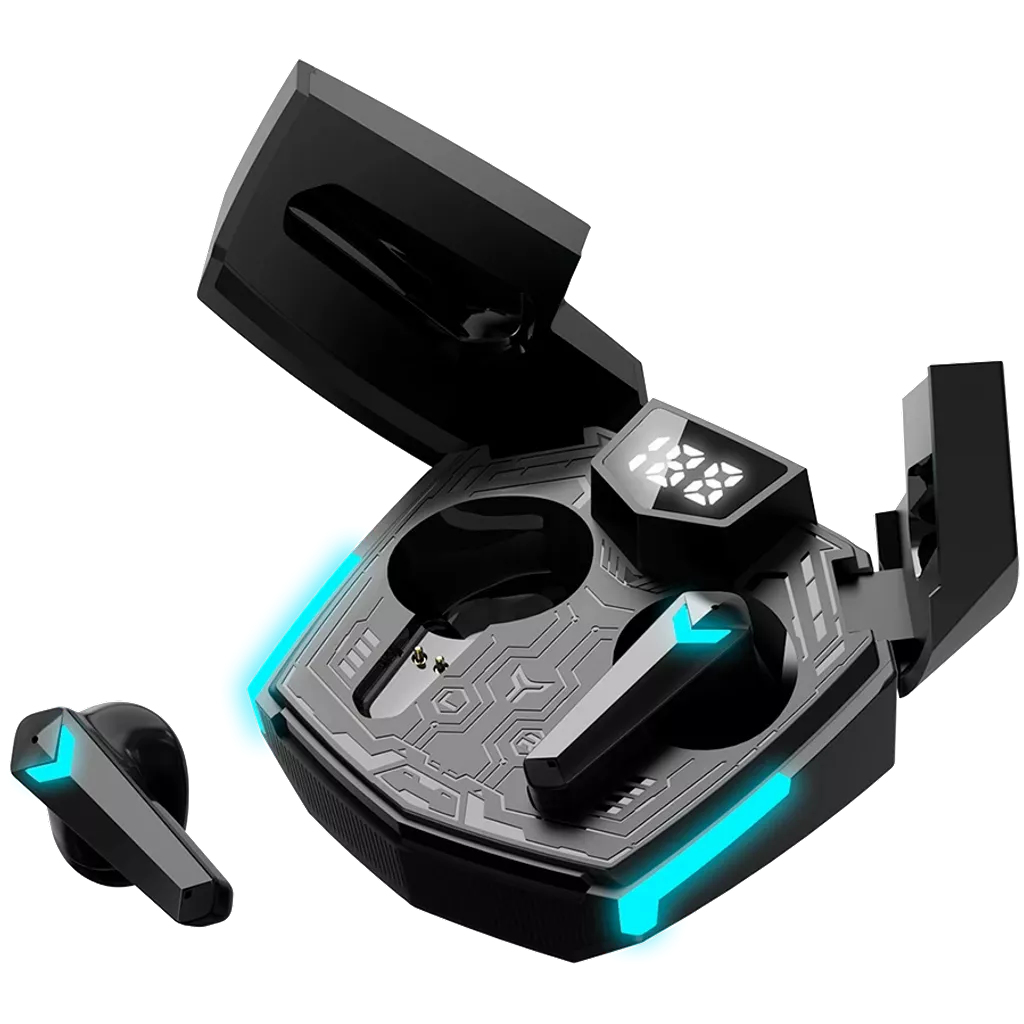 Black earbuds in charging case. Lid open, blue lights. White background.