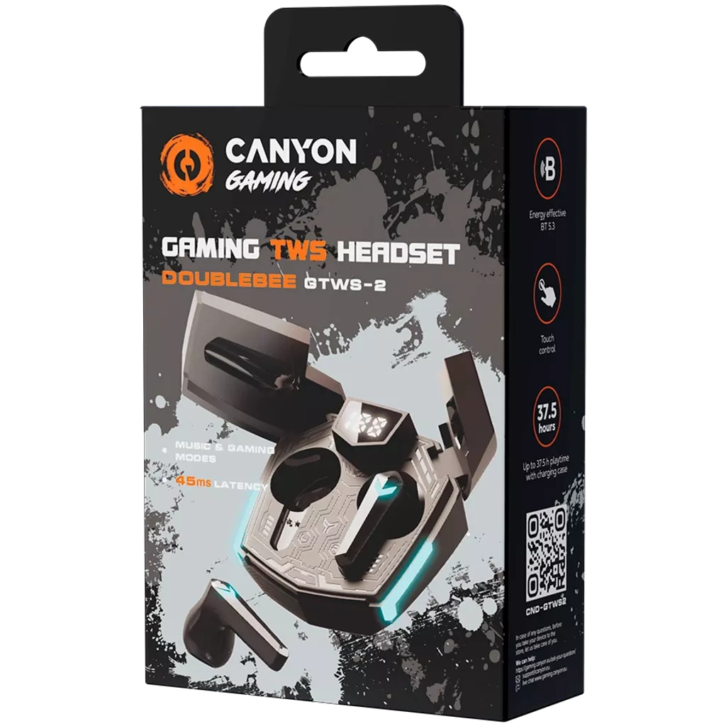 Gaming headset box. Black headset in the box. Text and graphics. White background.