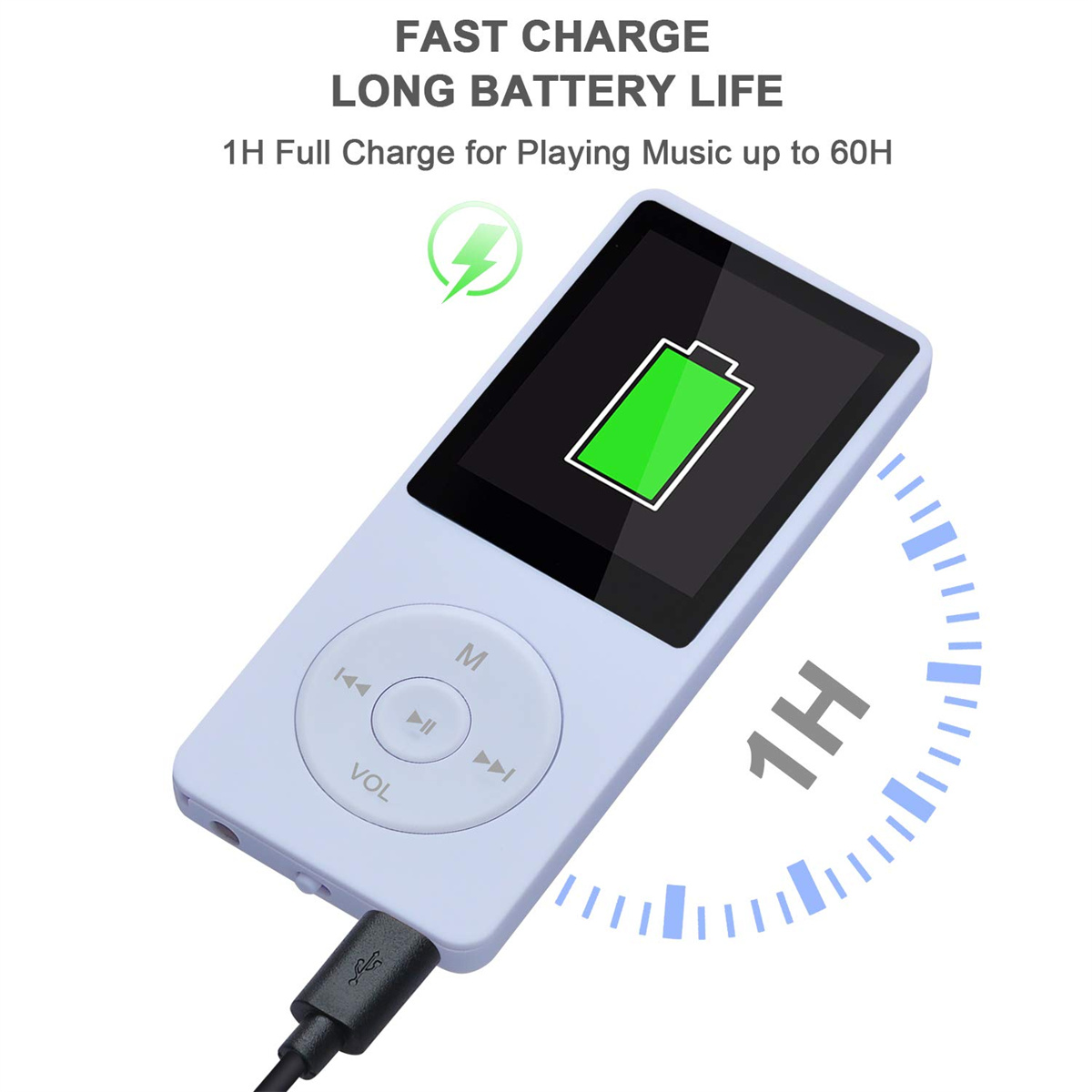 Weißer MP3-Player mit Bildschirm und Knöpfen, Aufladen. Text über Akkulaufzeit.