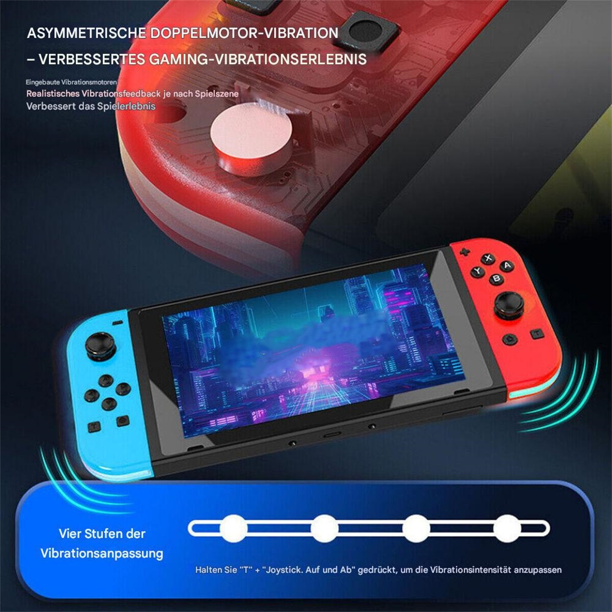 Eine Nintendo Switch mit Controllern, plus Controller-Detail. Der Bildschirm zeigt ein Spiel.