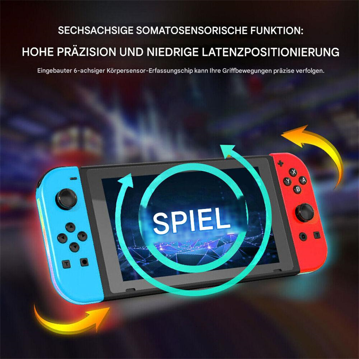 Eine blaue und rote Switch-Spielekonsole mit einem Bildschirm, der das Wort 'SPIEL' und Pfeile anzeigt.