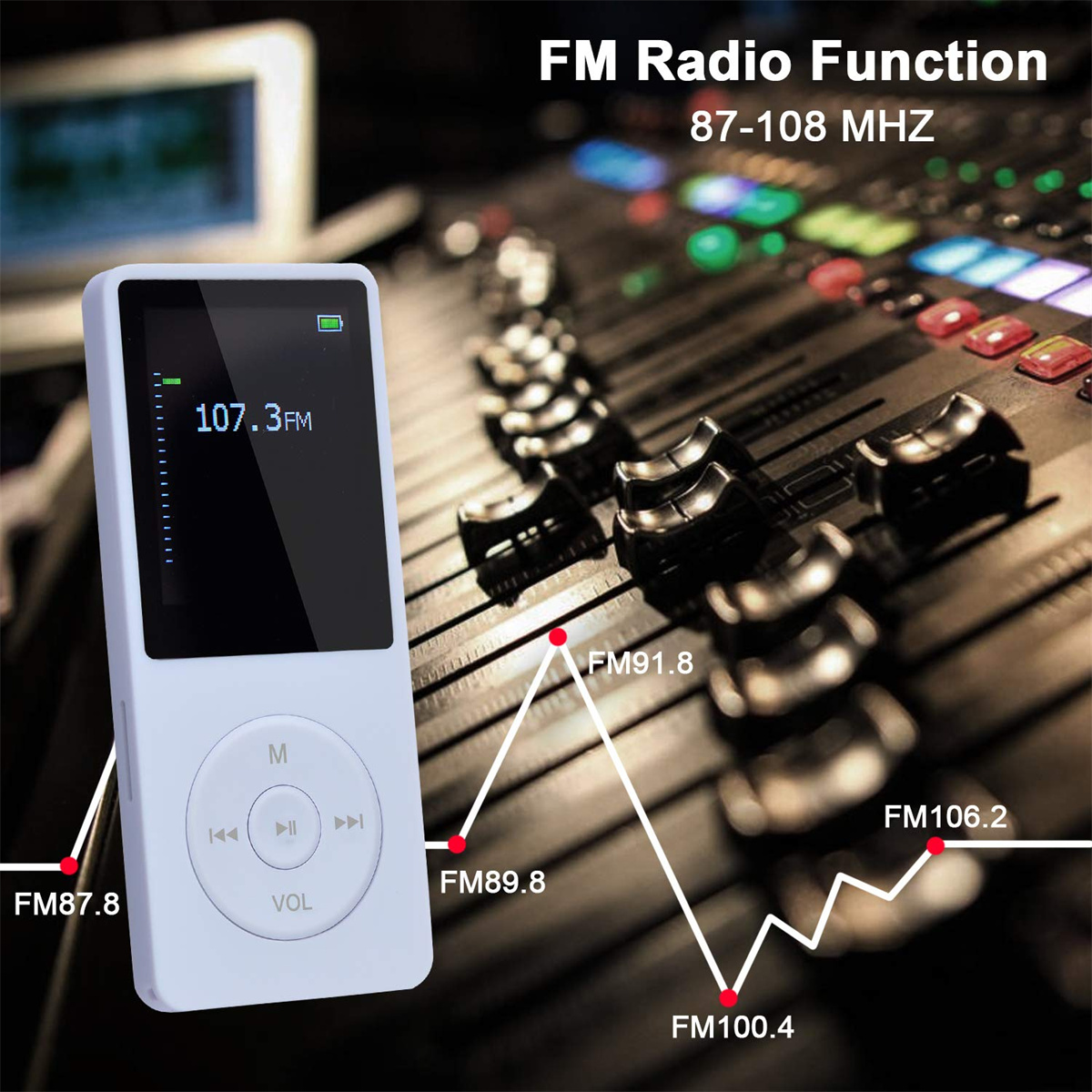Weißer MP3-Player mit UKW-Radiofunktion, Bildschirm mit 107,3 FM und Frequenzmarkierungen.