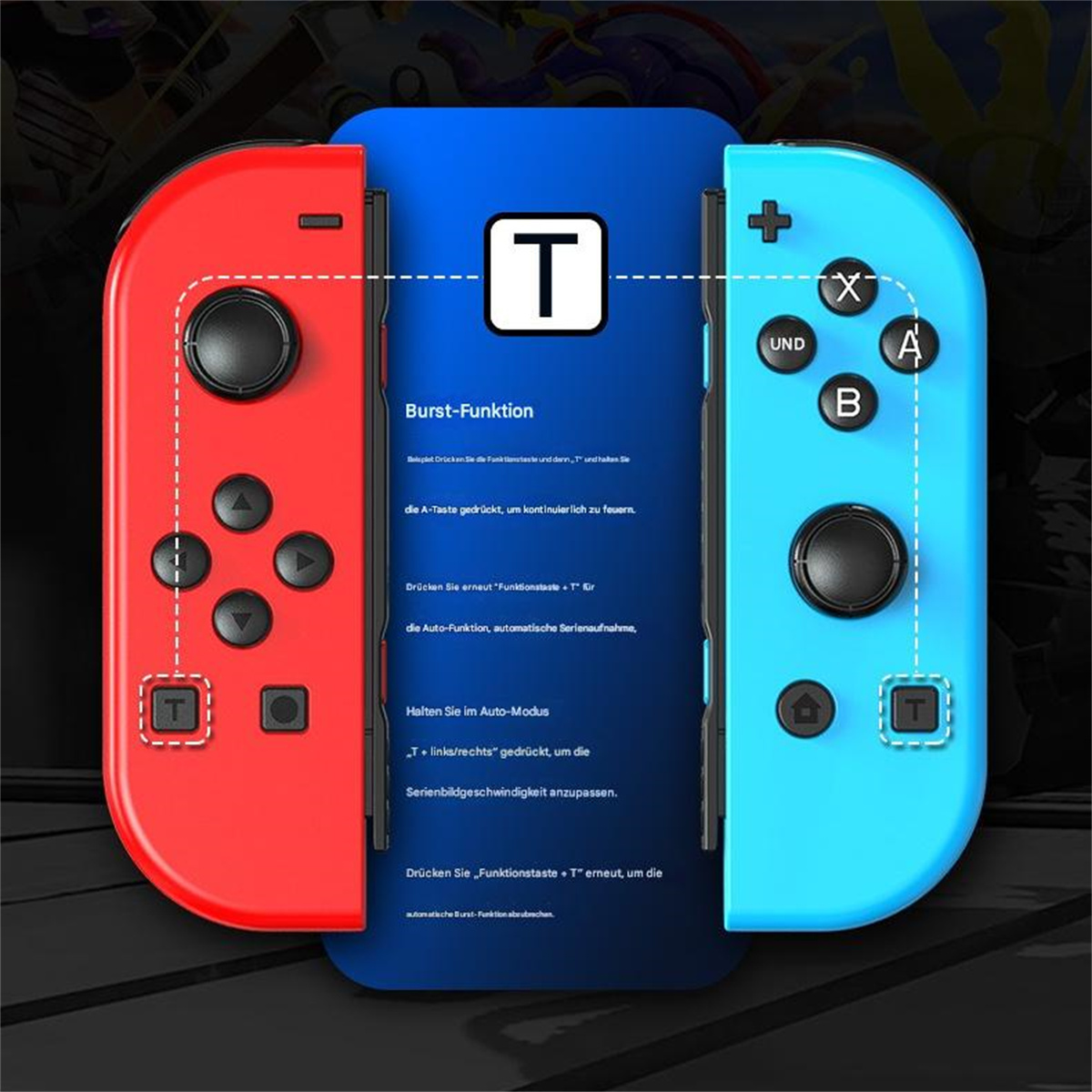 Zwei Nintendo Switch-Controller. Einer rot, einer blau. Beide haben Knöpfe und Anweisungen auf dem Bildschirm.