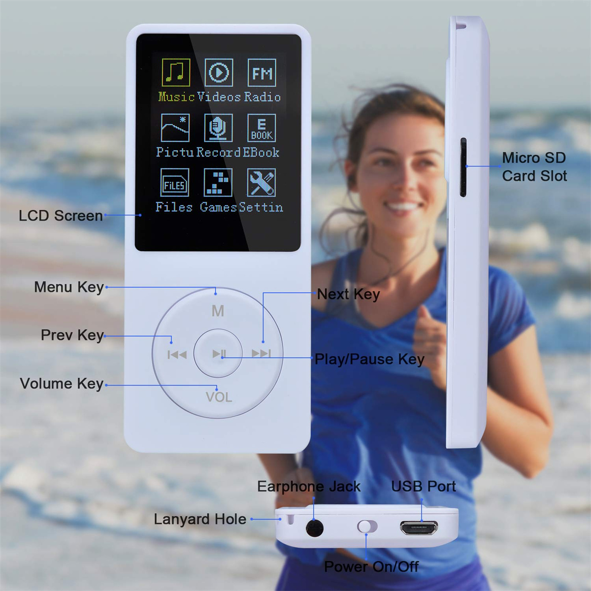 Weißer MP3-Player mit Bildschirm, Knöpfen und einer lächelnden Frau im Hintergrund.