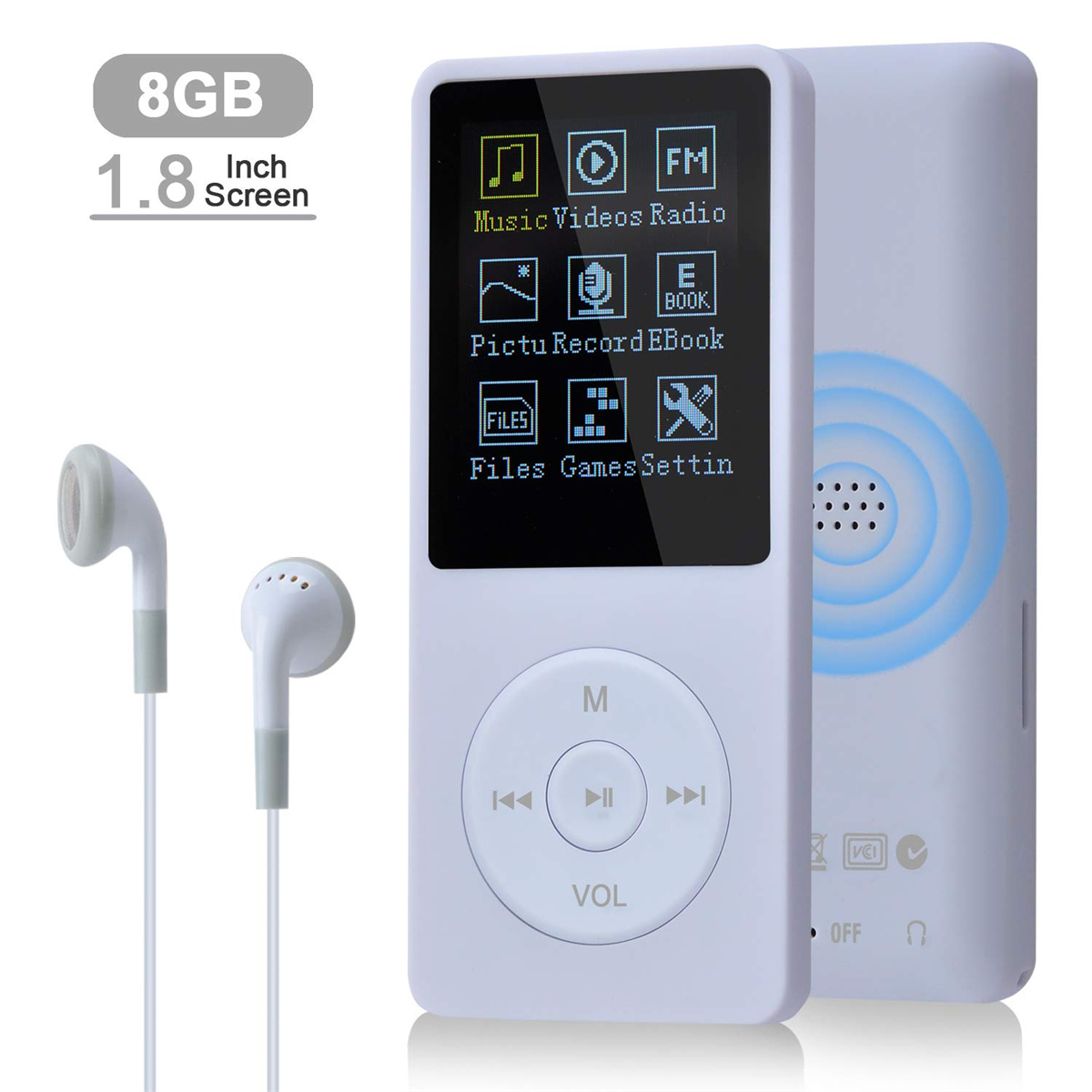 Weißer MP3-Player mit Bildschirm, Kopfhörer auf weißer Oberfläche.
