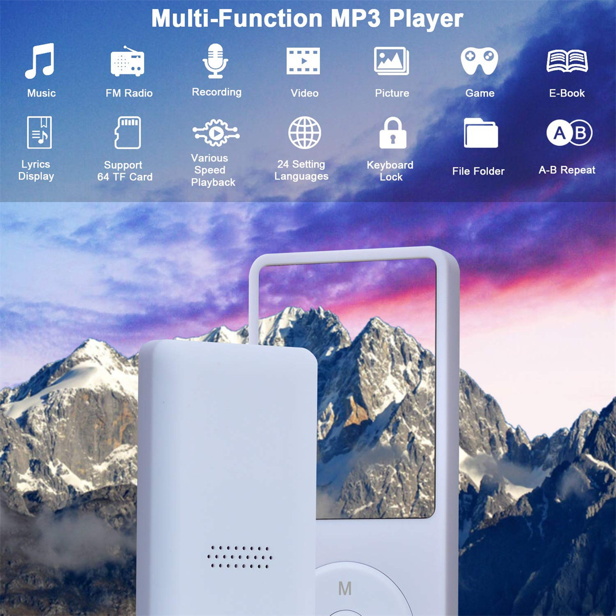 Weißer MP3-Player mit Symbolen vor Bergen und Himmel. Text: 'Multi-Function MP3 Player'.