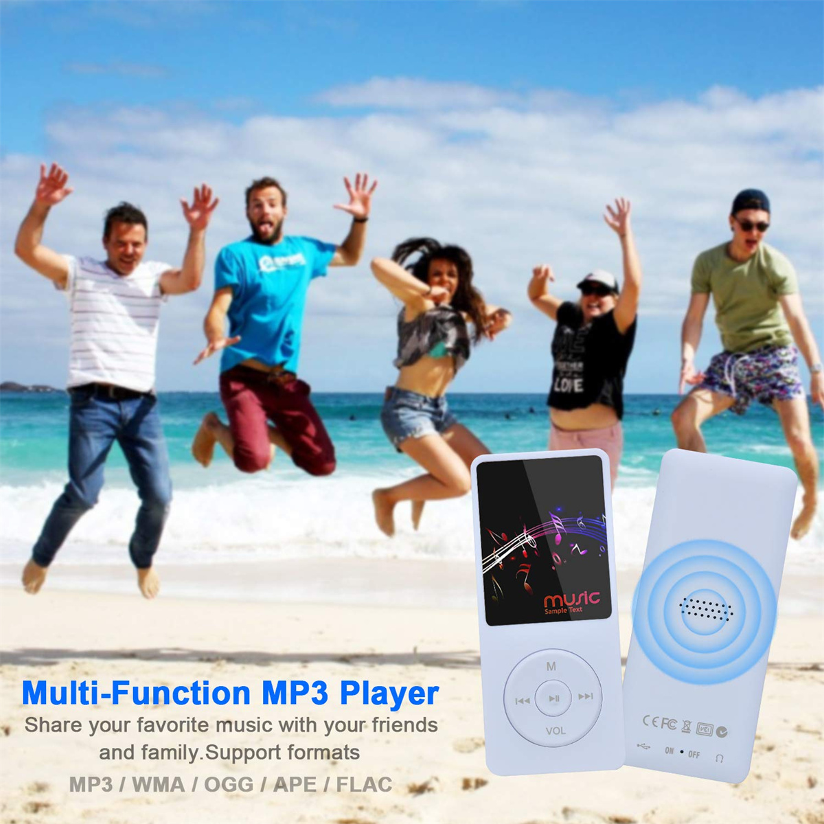 Leute am Strand springen. MP3-Player stehen im Mittelpunkt. Sonne und Sand im Hintergrund. Fröhliche Atmosphäre.