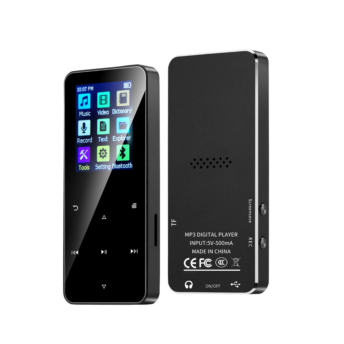 Ein schwarzer MP3-Player mit Bildschirm, der Symbole anzeigt. Er hat Tasten auf beiden Seiten.