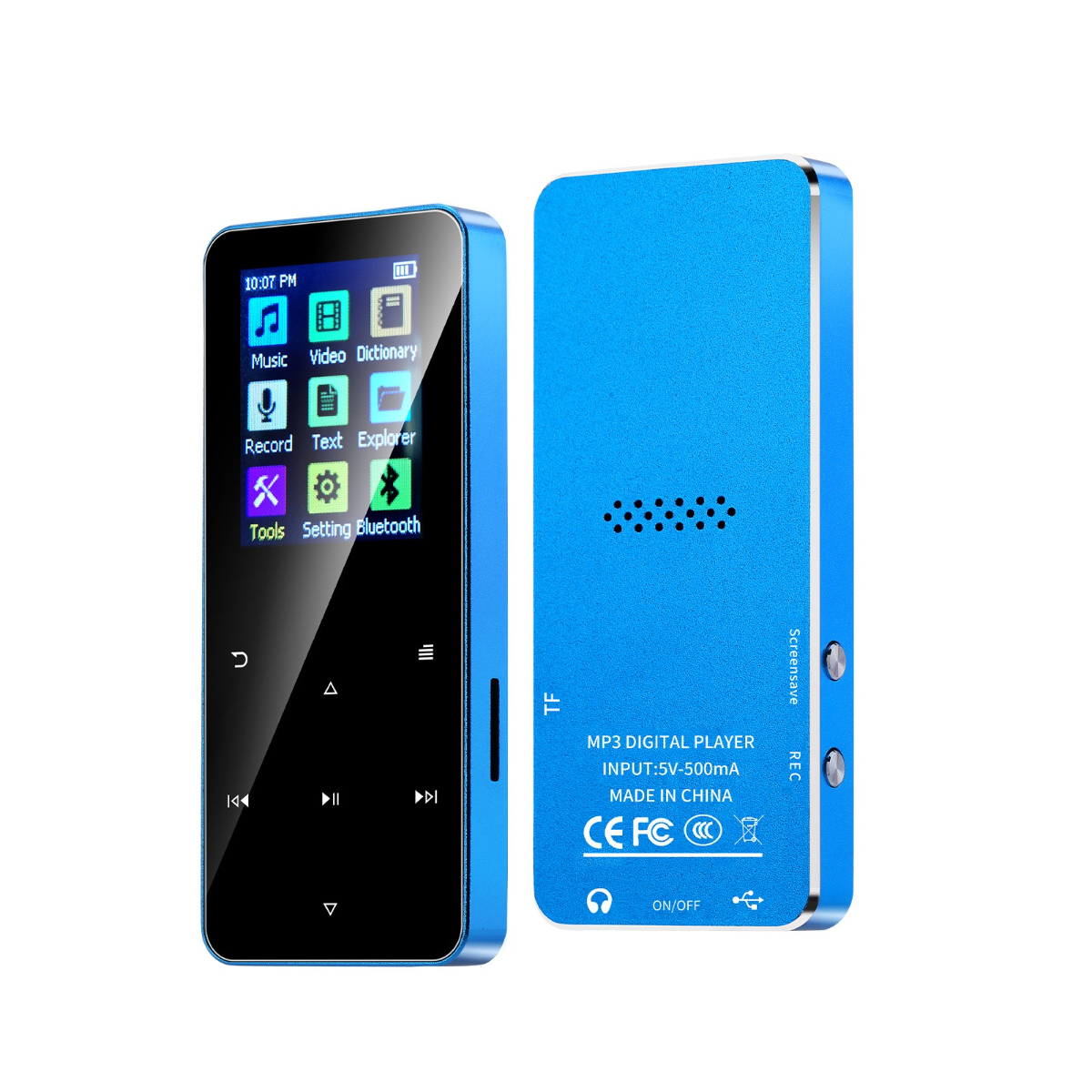 Blauer MP3-Player, der einen Bildschirm mit Symbolen zeigt, und eine Seitenansicht.