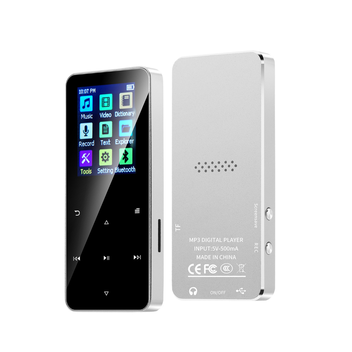 Silberner MP3-Digital-Player. Zeigt einen Bildschirm mit Symbolen an. Zwei Seiten gezeigt.