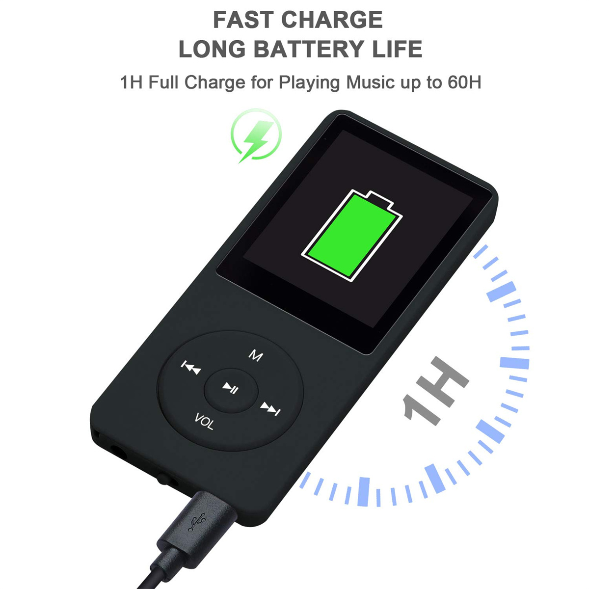 Schwarzer MP3-Player mit Ladekabel und Akkusymbol.