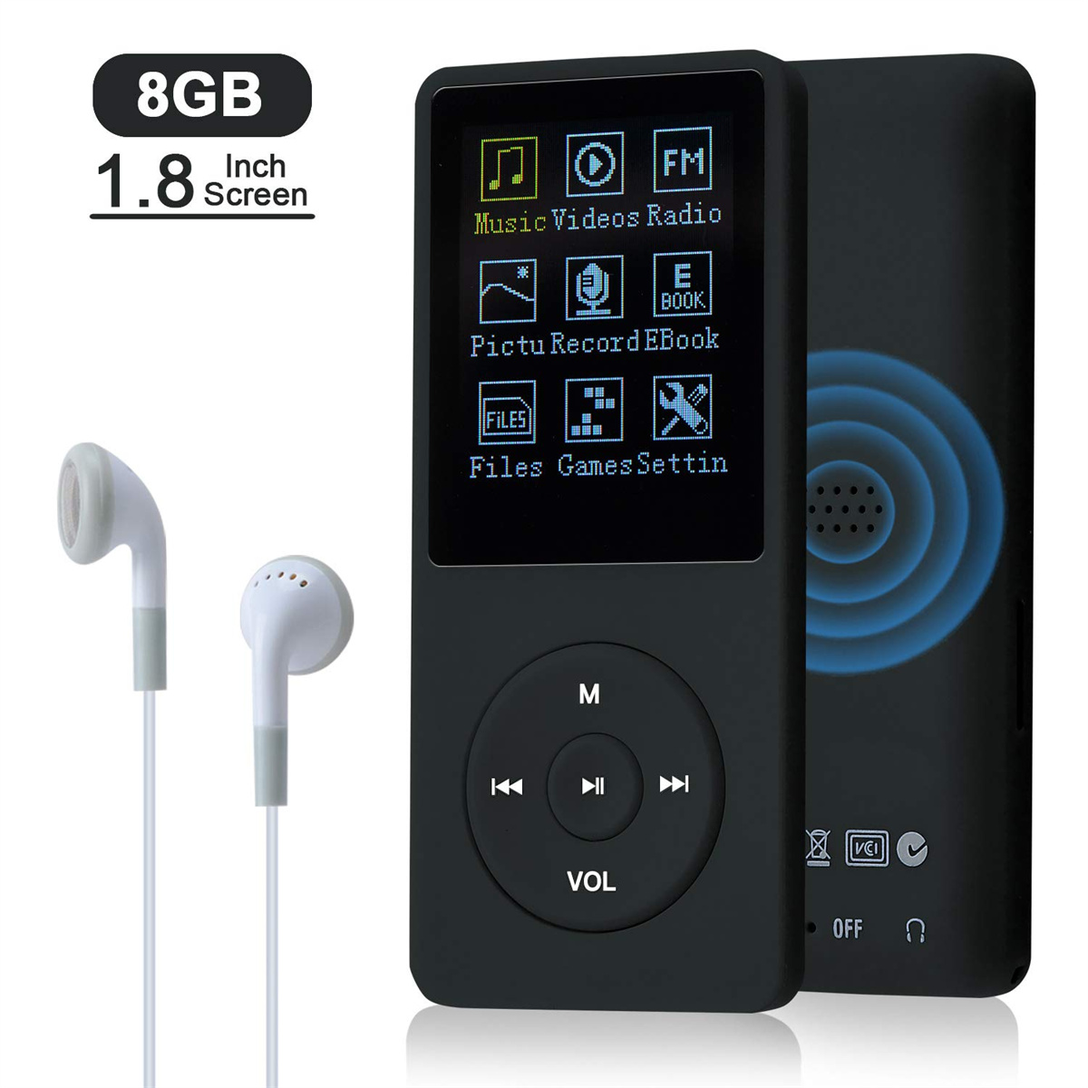 Schwarzer MP3-Player mit Bildschirm und Tasten, weiße Ohrhörer links, isoliert auf Weiß.