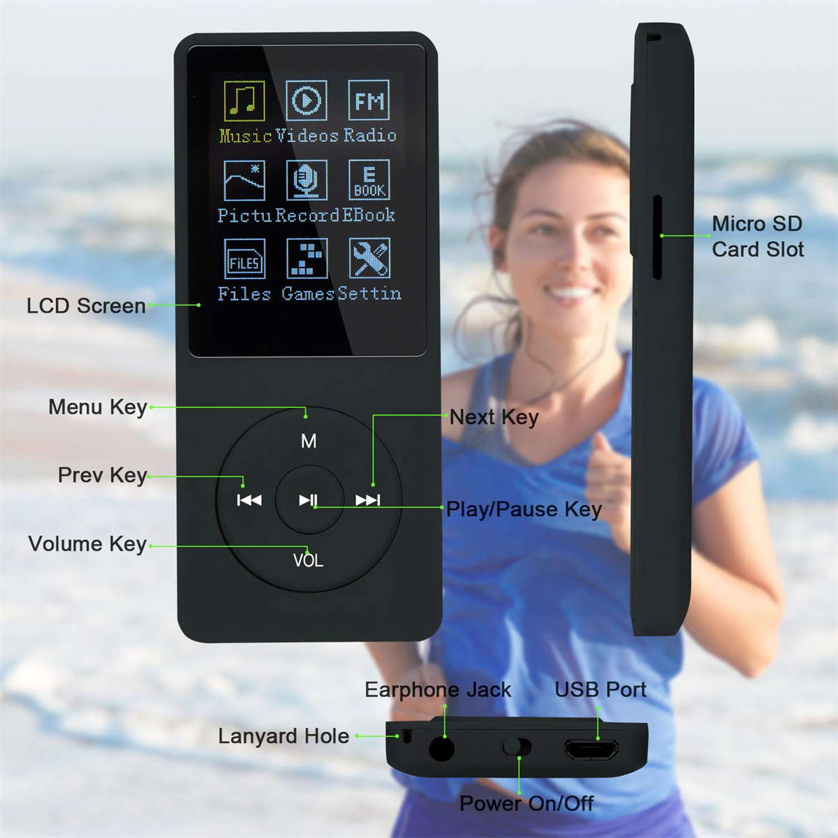 Schwarzer MP3-Player mit Bildschirm und verschiedenen beschrifteten Tasten.