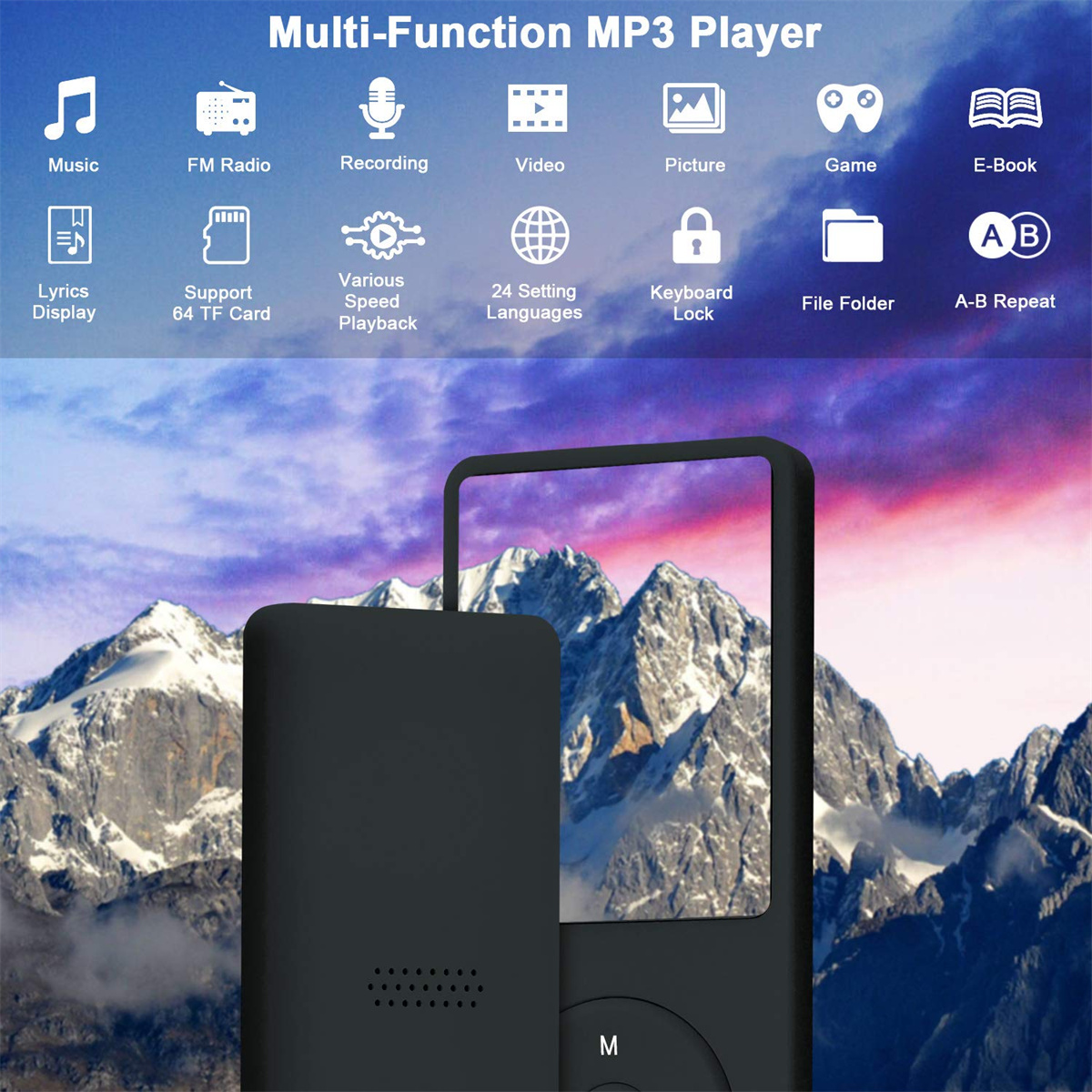 Ein schwarzer MP3-Player mit Symbolen oben und Bergen im Hintergrund.