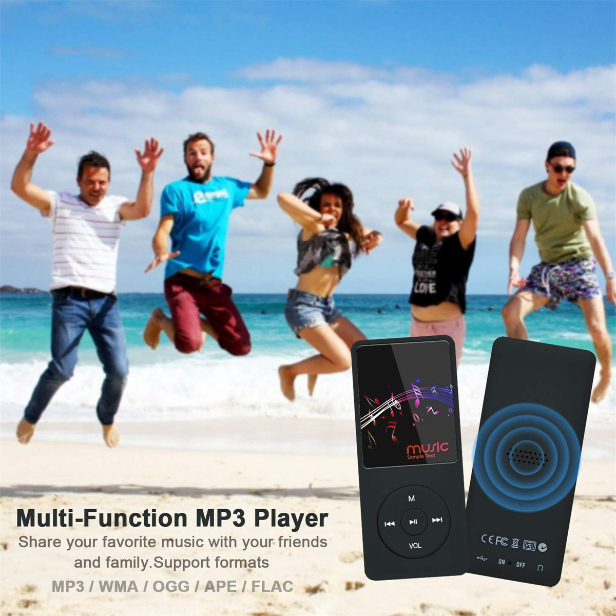 Menschengruppe am Strand, mit zwei schwarzen MP3-Playern im Vordergrund.