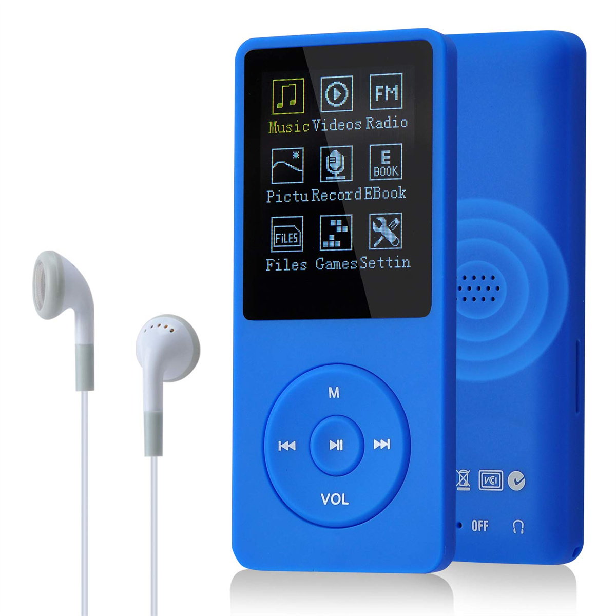 Blauer MP3-Player mit Bildschirm und weißen Ohrhörern. Er hat Tasten und Symbole für Musik, Videos und Dateien.