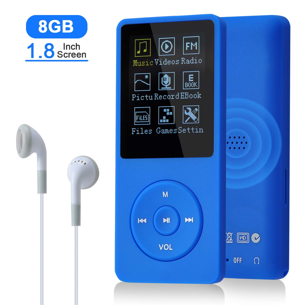 Ein blauer MP3-Player mit 8GB-Bildschirm, weißen Ohrhörern und Bedienfeld wird gezeigt.