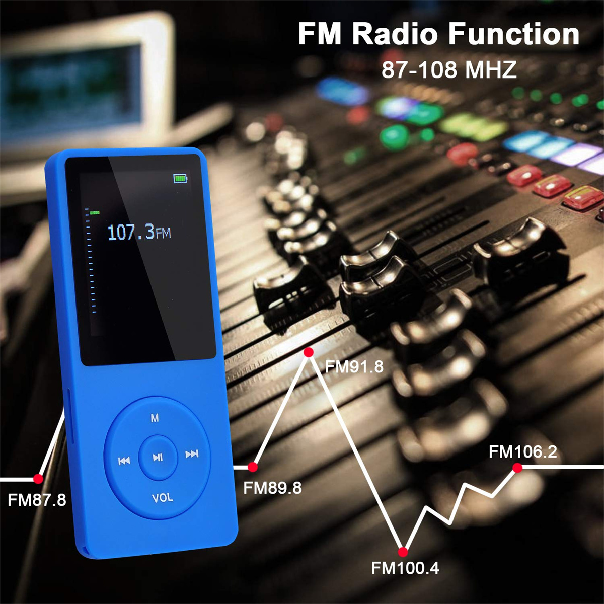 Blauer MP3-Player mit Bildschirm, der FM-Radio-Infos anzeigt, und ein Diagramm mit FM-Frequenzen.