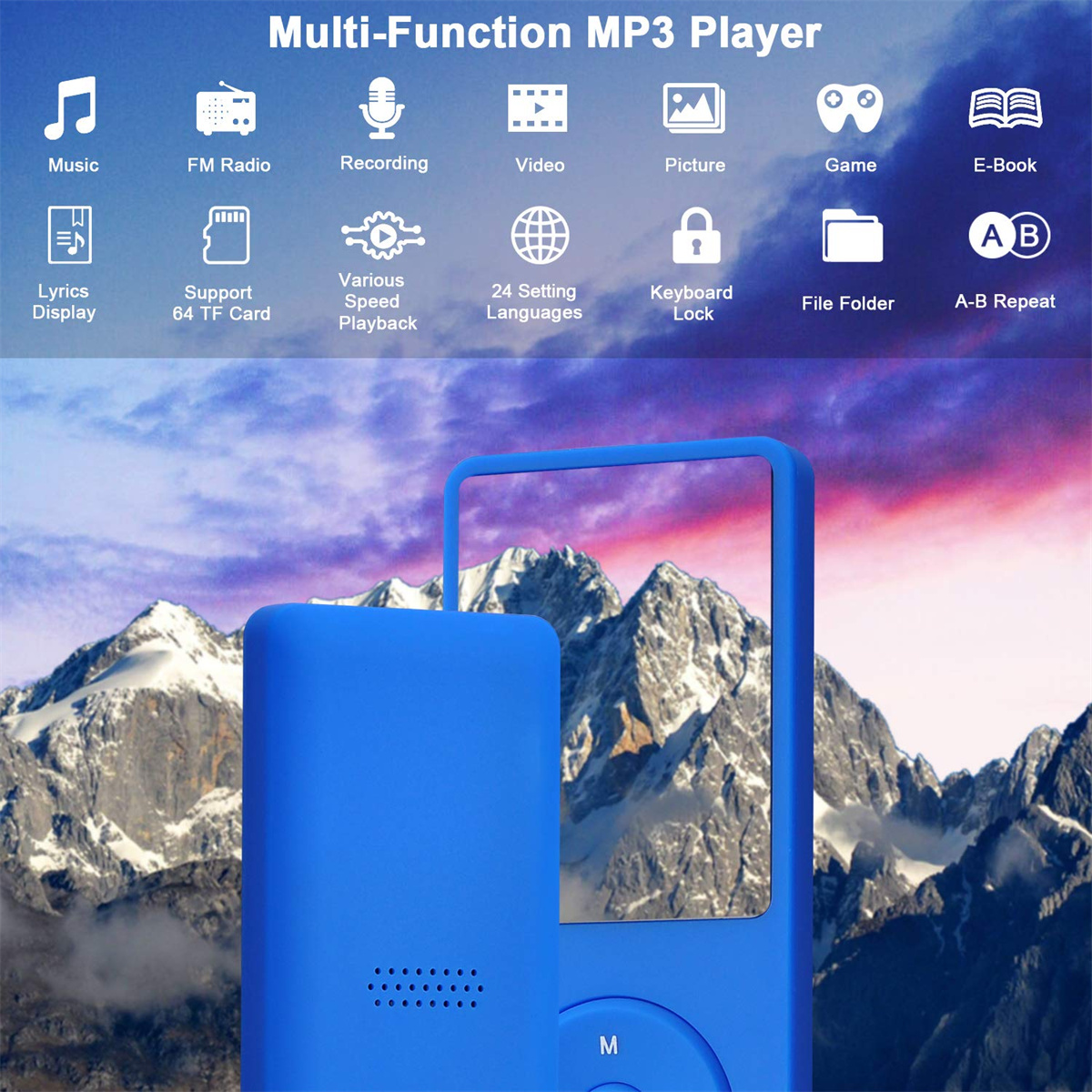 Blauer MP3-Player mit Bergen im Hintergrund. Symbole und Text zu seinen Funktionen sind oben.