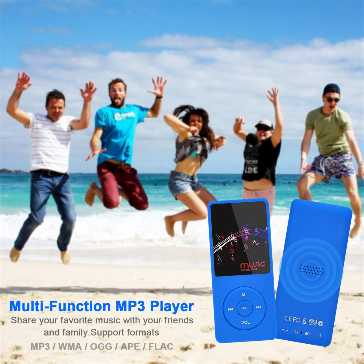 Menschen am Strand, blauer MP3-Player im Vordergrund, zwei blaue MP3-Player rechts.