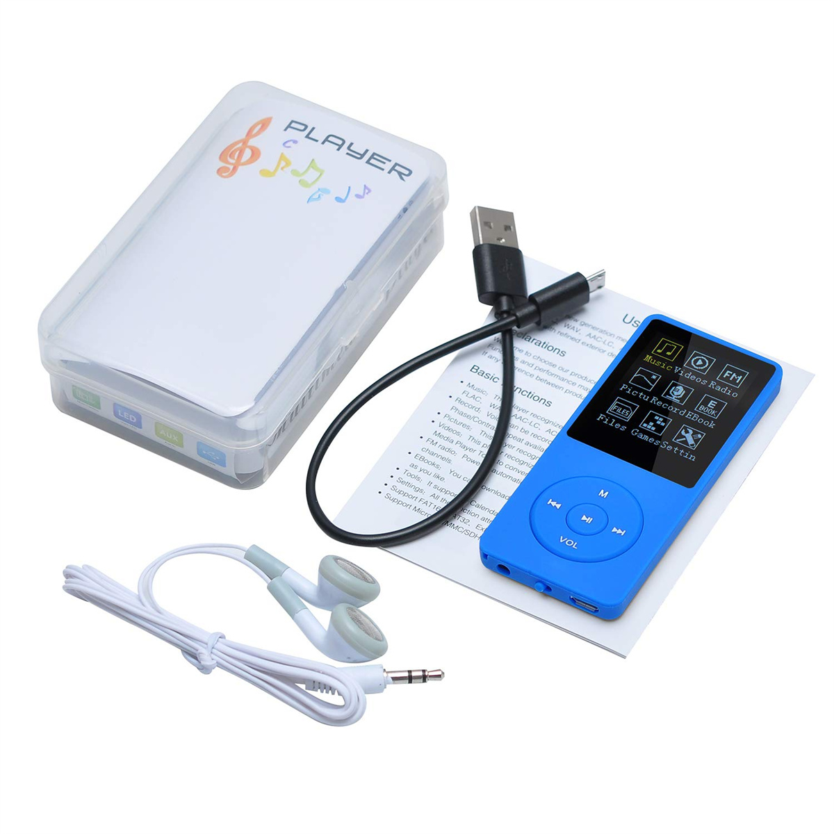 Blauer MP3-Player mit Zubehör: USB-Kabel, Kopfhörer und weiße Verpackung mit Text.