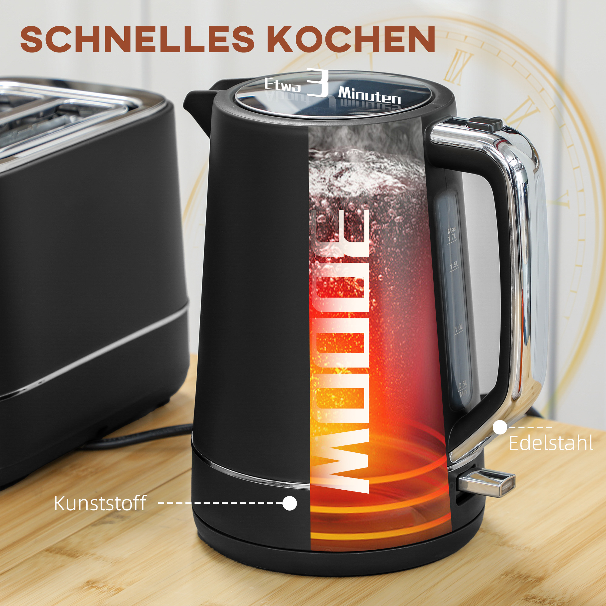 Schwarzer und silberner Wasserkocher mit Querschnitt, der Heizelement und Wasser zeigt.