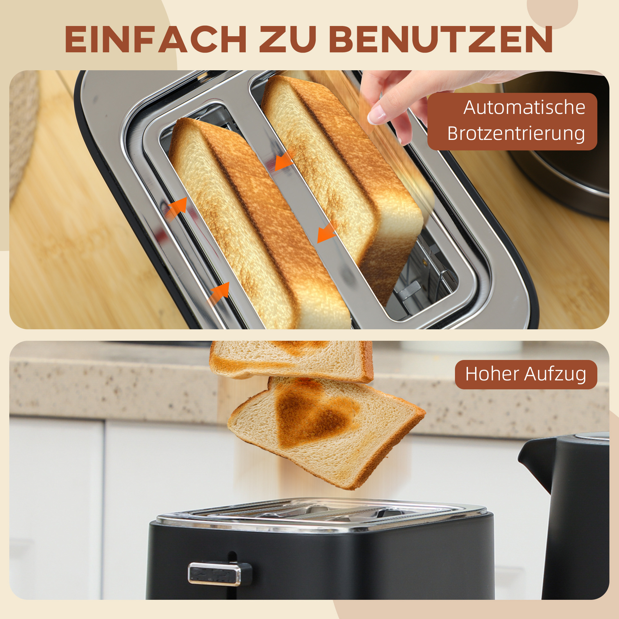Toaster mit Brotscheiben, mit den Etiketten 'Einfach zu Benutzen' und 'Hoher Aufzug' und Pfeilen.