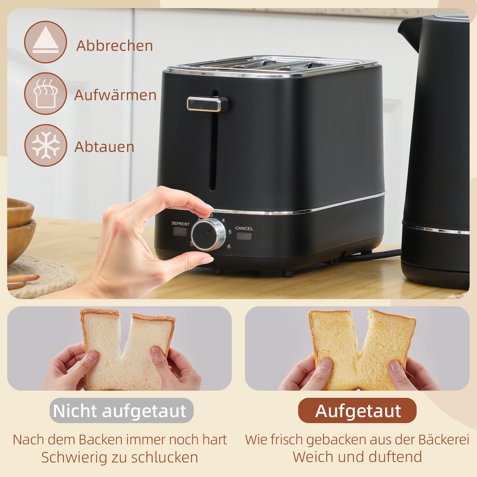 Toaster mit Brotscheiben und Bedienelementen. Weißer Hintergrund.