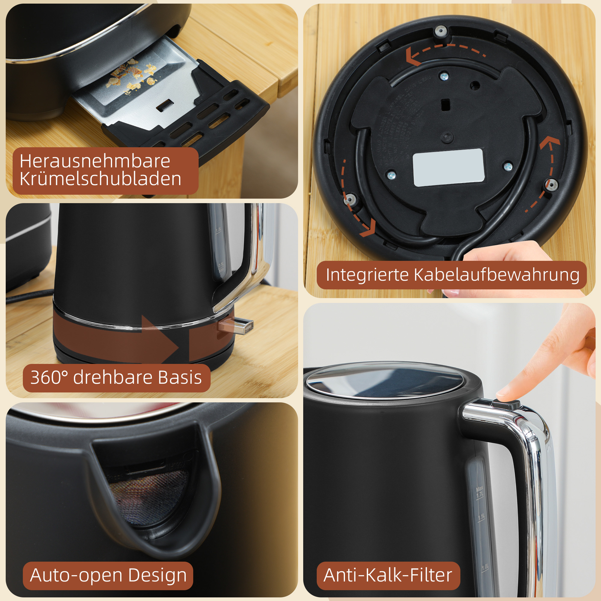Nahaufnahme eines schwarzen Wasserkochers. Krümelschublade, Boden und automatisches Öffnungsdesign. Weißer Hintergrund.