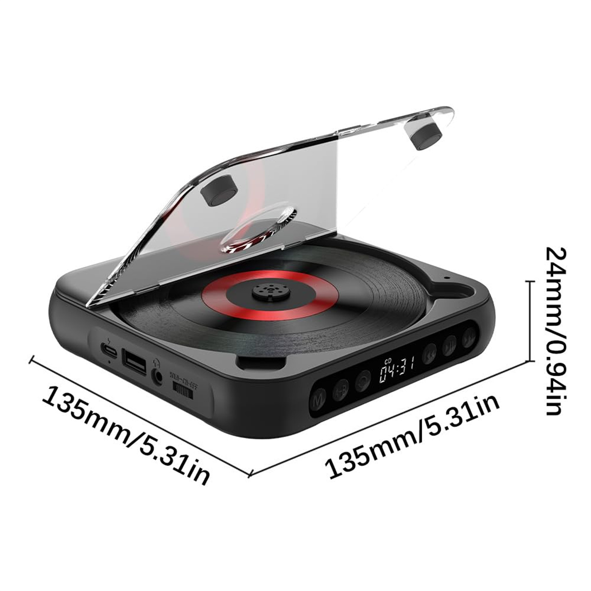 Schwarzer CD-Player mit offenem Deckel. Maße, Knöpfe und ein kleiner Bildschirm sichtbar.