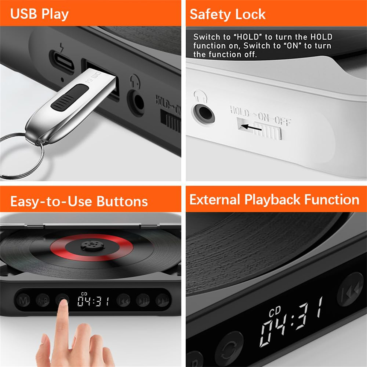 Nahaufnahme eines schwarzen und grauen Musikplayers mit USB-Anschluss, Sicherheitsschloss, Tasten und CD.