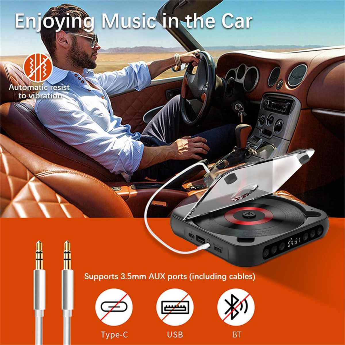 Ein Mann im Auto benutzt ein Telefon. Ein tragbarer Musikplayer ist auf dem Armaturenbrett. Kabel und Symbole.