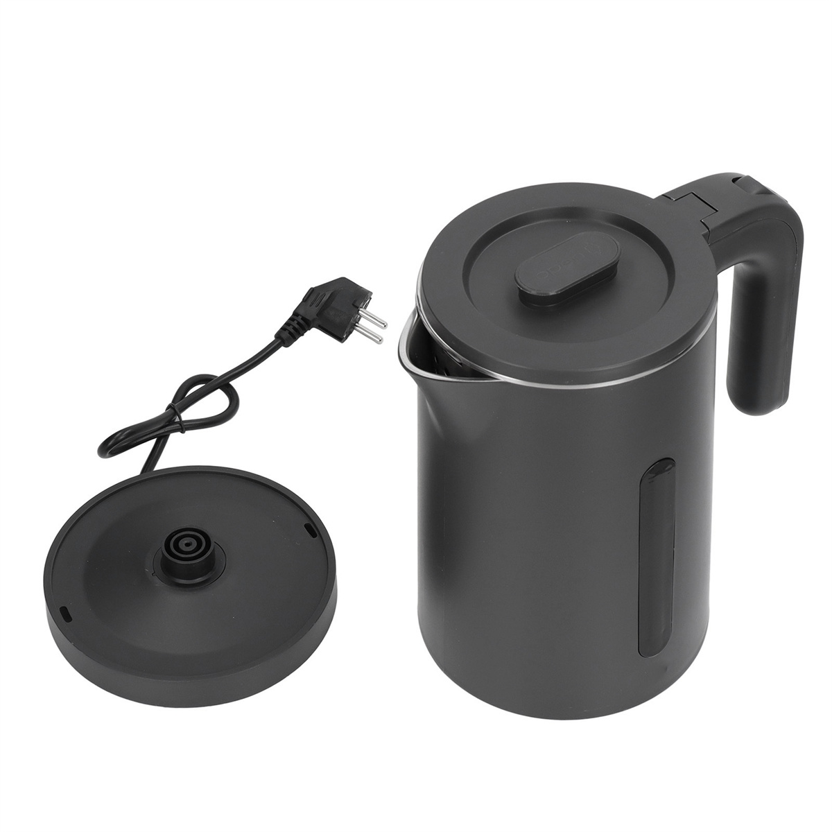 Ein schwarzer Wasserkocher mit offenem Deckel und seine Basis mit Stecker.