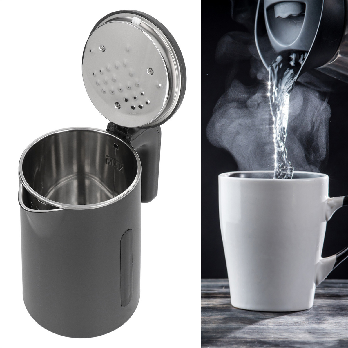 Wasserkocher mit offenem Deckel, der das Innere zeigt. Wasser gießt in eine weiße Tasse mit Dampf.