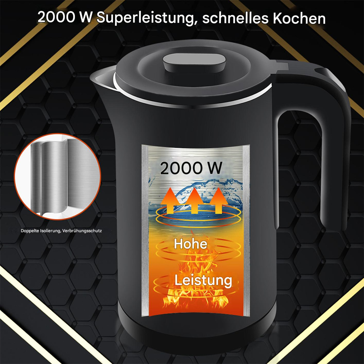 Schwarzer Wasserkocher mit Text und Grafiken auf schwarzem Hintergrund.