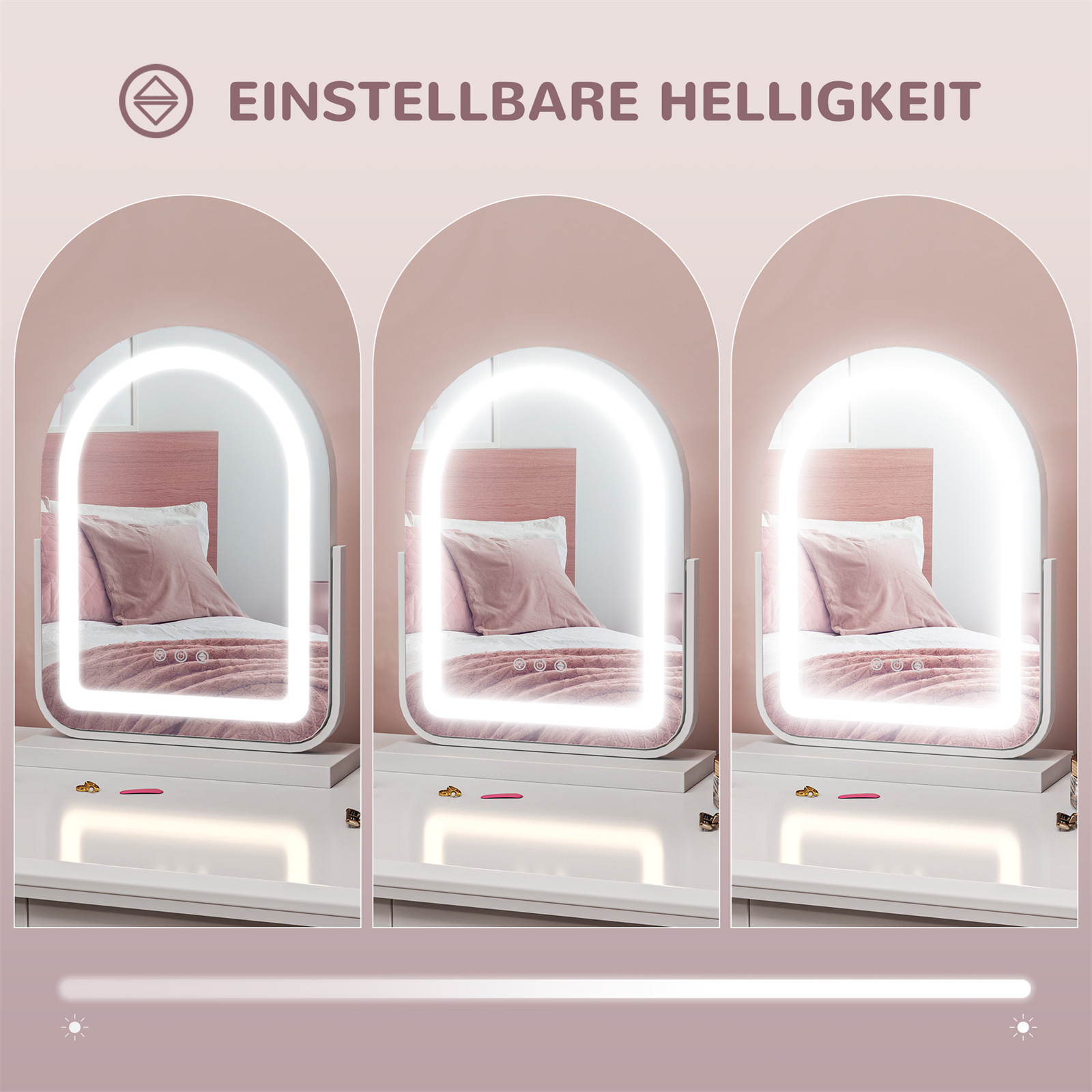 Spiegel mit einstellbarer Helligkeit. Drei Ansichten zeigen verschiedene Lichtstärken. Text: Helligkeit.