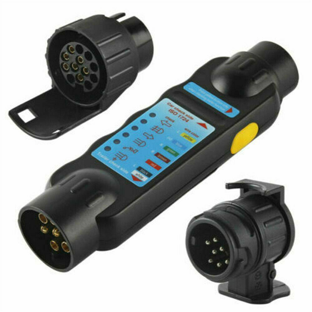 Drei schwarze Anhängerstecker mit unterschiedlichen Formen und Pin-Konfigurationen.