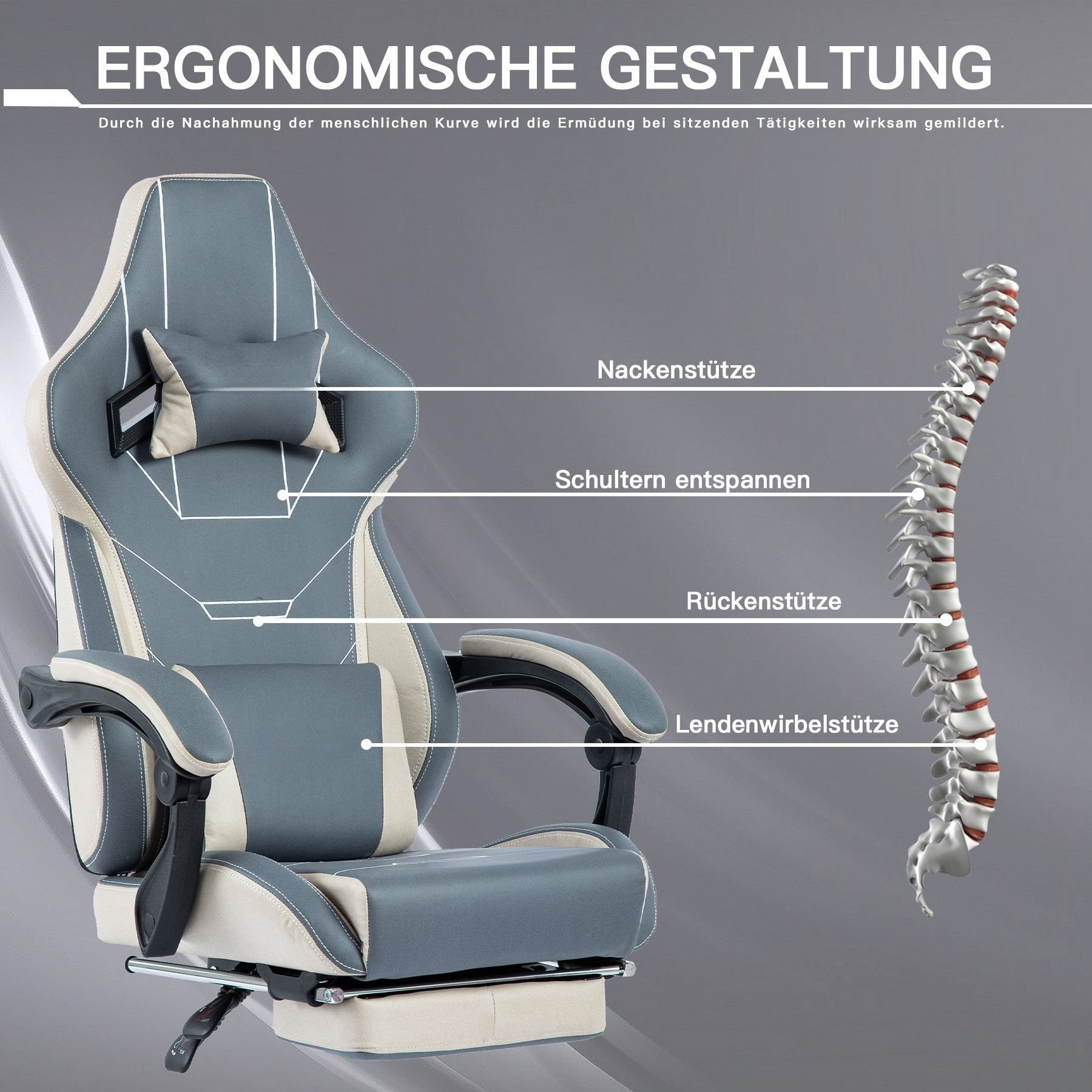 Ergonomischer Gaming-Stuhl mit blauen und weißen Bereichen. Er hat Kopf-, Rücken- und Lendenwirbelstütze.